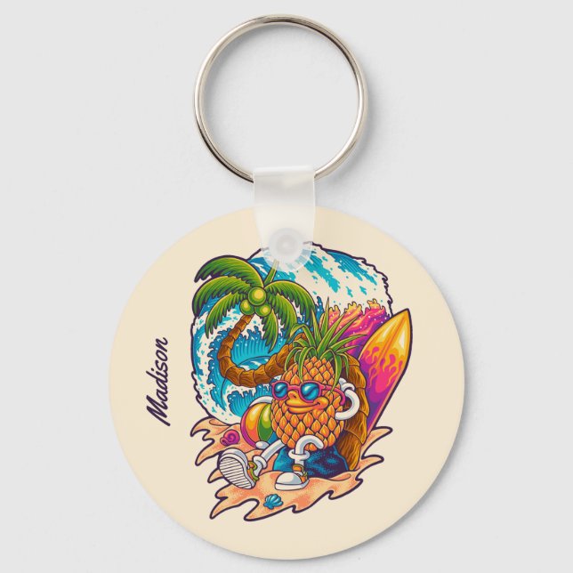 Custom Name Surfing Pineapple Keychain (Back)