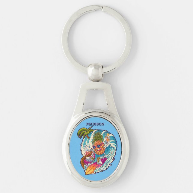 Custom Name Surfing Pineapple Keychain (Front)