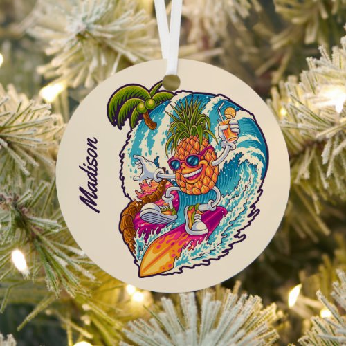 Custom Name Surfing Pineapple Metal Ornament