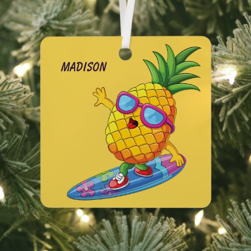 Custom Name Surfing Pineapple Metal Ornament