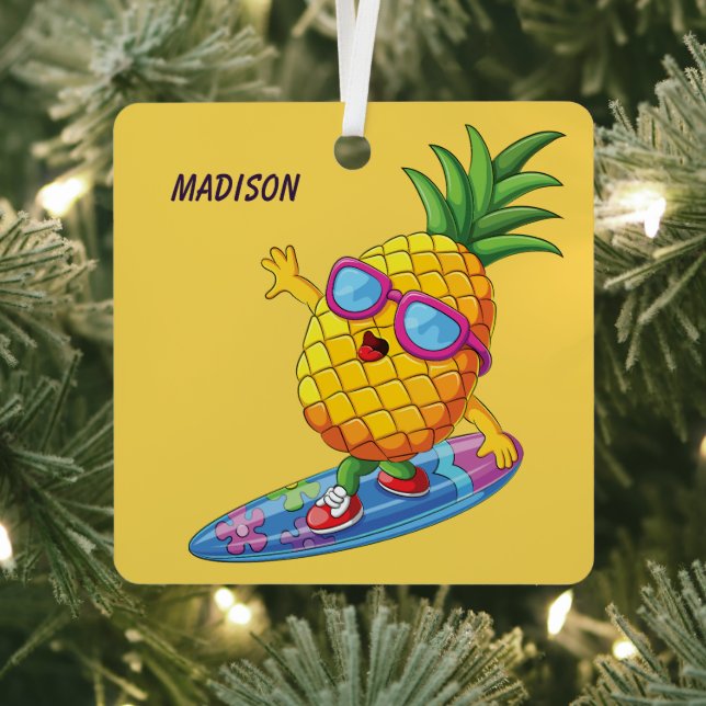 Custom Name Surfing Pineapple Metal Ornament (Insitu)