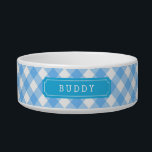 Custom Name Sweet Baby Blue Gingham Bowl<br><div class="desc">Adorable custom name pet food bowl featuring a stylish baby blue gingham pattern and label. Personalize it by replacing the placeholder text. For more options such as to change the font and it's size click the "Customize" button. *Please note that the Zazzle Watermark that appears in the zoom preview will...</div>