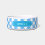 Custom Name Sweet Baby Blue Gingham Bowl<br><div class="desc">Adorable custom name pet food bowl featuring a stylish baby blue gingham pattern and label. Personalize it by replacing the placeholder text. For more options such as to change the font and it's size click the "Customize" button. *Please note that the Zazzle Watermark that appears in the zoom preview will...</div>