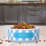 Custom Name Sweet Baby Blue Gingham Bowl<br><div class="desc">Adorable custom name pet food bowl featuring a stylish baby blue gingham pattern and label. Personalize it by replacing the placeholder text. For more options such as to change the font and it's size click the "Customize" button. *Please note that the Zazzle Watermark that appears in the zoom preview will...</div>