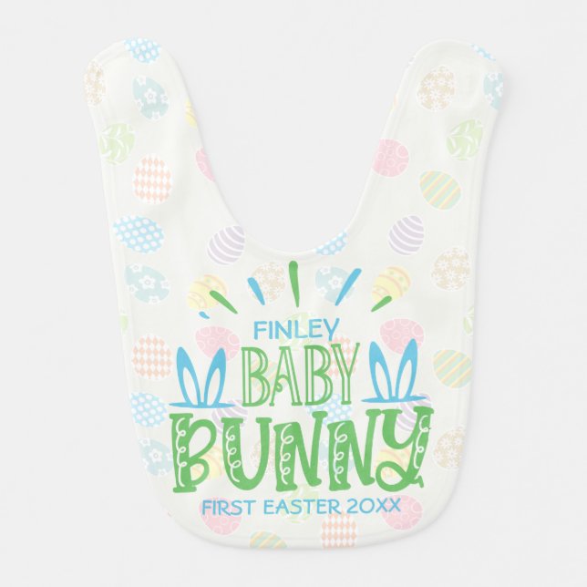 Custom NAME Sweet Baby Bunny First Easter Eggs Baby Bib (Front)