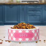 Custom Name Sweet Baby Pink Gingham Bowl<br><div class="desc">Adorable custom name pet food bowl featuring a stylish baby pink gingham pattern and label. Personalize it by replacing the placeholder text. For more options such as to change the font and it's size click the "Customize" button. *Please note that the Zazzle Watermark that appears in the zoom preview will...</div>