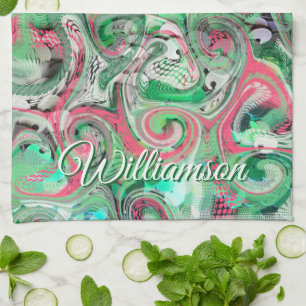Custom Name Swirl Green Red Whimsical Abstract Kitchen Towel