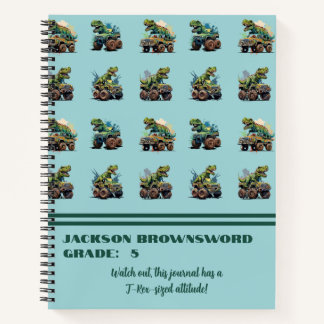 Custom Name T-Rex Dinosaur Pattern Blue Green Notebook