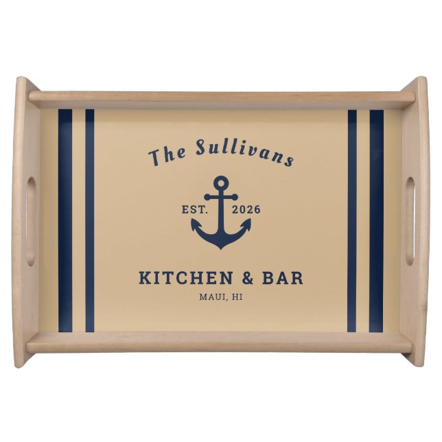 Custom Name Tan Anchor Kitchen Bar Home Serving Tray (Front)