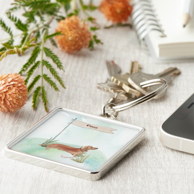 Custom Name Tan Dachshund Pet Dog Keychain (Side)