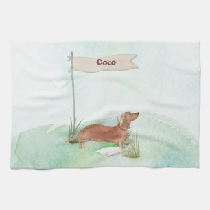 Custom Name Tan Dachshund Pet Dog Kitchen Towel