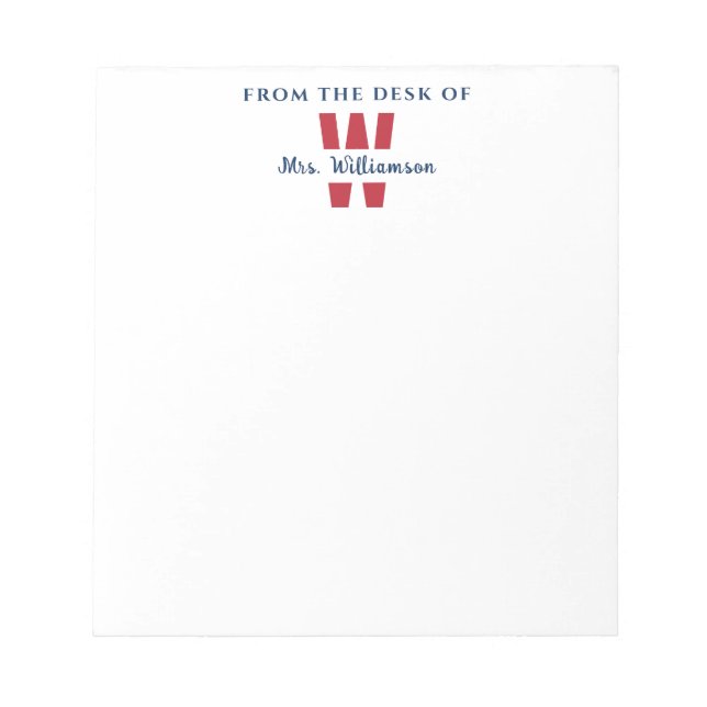 Custom Name Teacher Monogram From The Desk Of Notepad (Front)