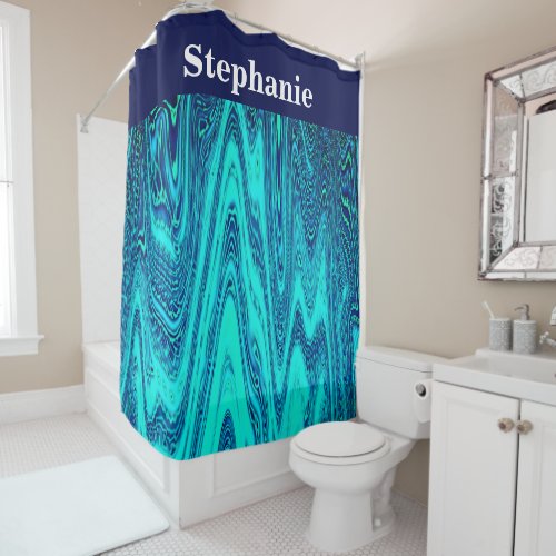 Custom Name Teal Blue Ocean Wave Abstract  Shower Curtain