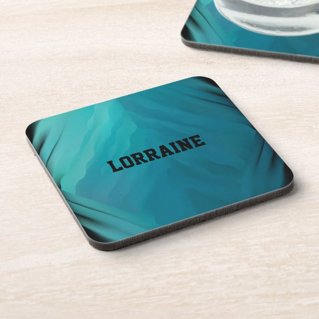 Custom name teal glass texture beverage coaster (Left Side)