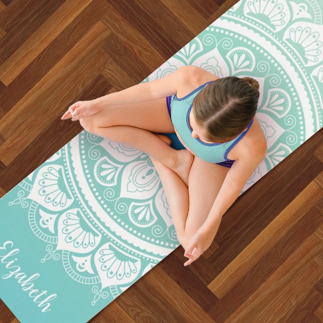 Custom Name Teal Mandala Exercise Yoga Mat (A pretty teal blue and white mandala yoga exercise mat. Personalize it with your name.)