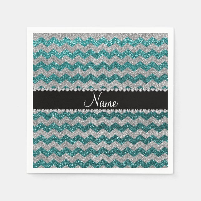 Custom name teal silver glitter chevrons napkins (Front)