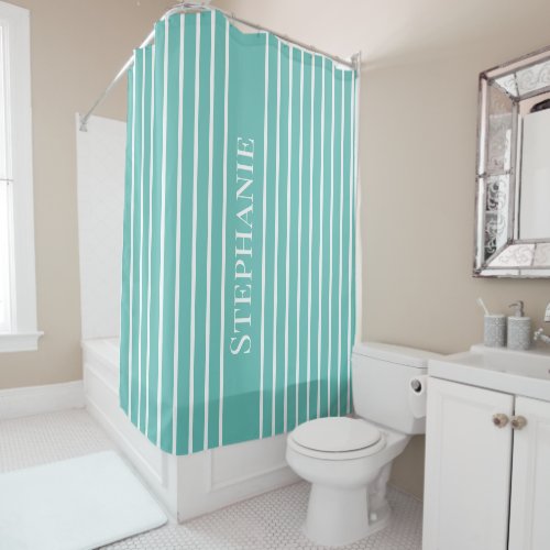 Custom Name Teal White Stripes Patterns Classy Shower Curtain