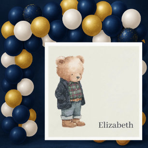 Custom Name Teddy Bear Boy Baby Shower Napkins
