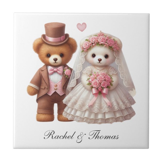 Custom Name Teddy Bear Bride and Groom Wedding Ceramic Tile (Front)