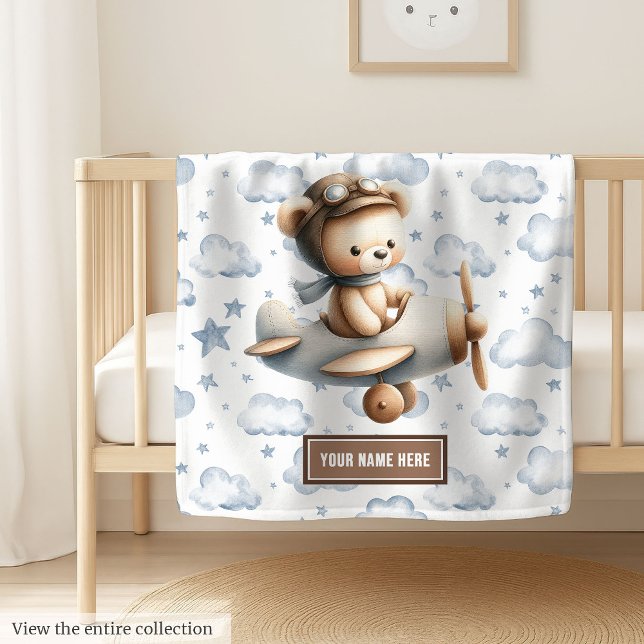 Custom Name Teddy Bear Pilot Baby Shower Blanket (Custom Name Teddy Bear Pilot Baby Shower Blanket)