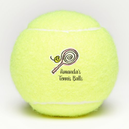 Custom name tennis balls with cute racket design