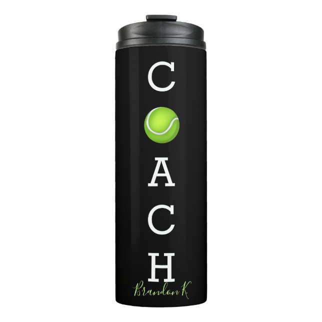 Custom Name Tennis Coach Black Thermal Tumbler (Front)
