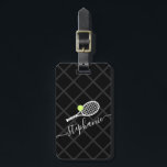 Custom Name Tennis Monogram Luggage Tag<br><div class="desc">Black and white and gray personalized luggage tag travel ID with a tennis racket monogram in an elegant and cute calligraphy script font with a subtle net pattern background.</div>