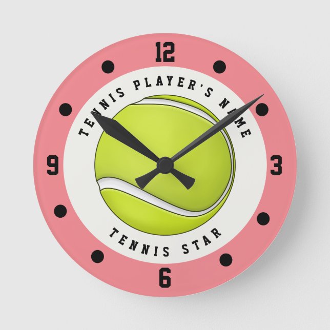 Custom Name Tennis Player Ball Pink Green Girls Round Clock (Front)