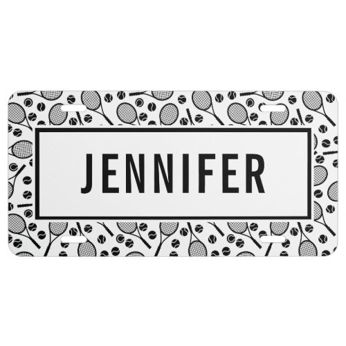 Custom Name Tennis Racket Ball Pattern White Sport License Plate