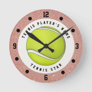 Custom Name Tennis Rose Gold Glitter Ball Round Clock