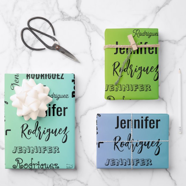 Custom Name Text Abstract Blue Green Gradient Wrapping Paper Sheets (Front)