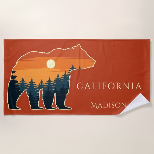 Custom name  text Bear Forest Beach Towel