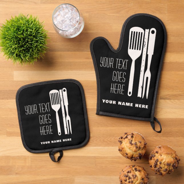 Custom Name & Text Black Oven Mitt & Pot Holder Set (Top Down)