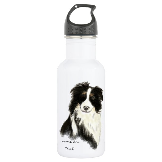 Custom Name text Border Collie Dog Pet Water Bottle (Front)