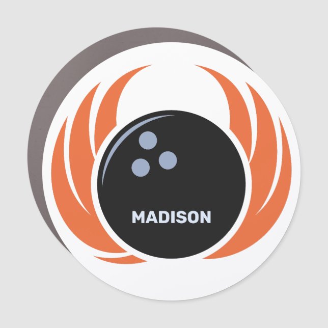 Custom Name & Text Bowling Ball with Flame Car Magnet (Front)