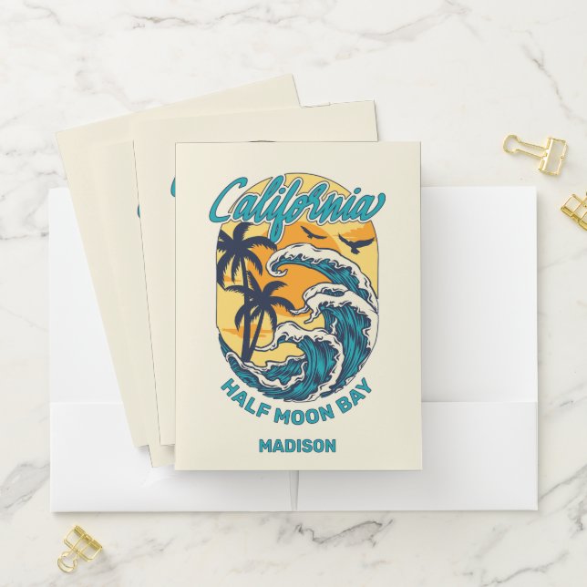 Custom Name / Text California Surfing Pocket Folder (In Situ)