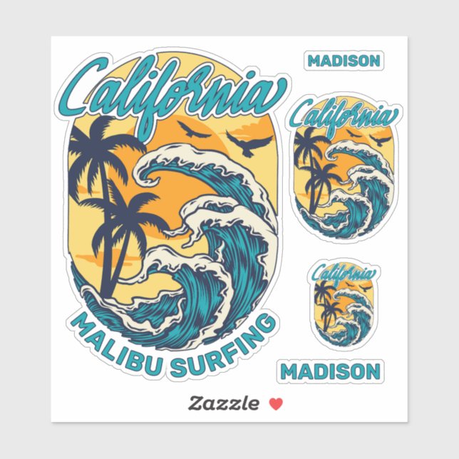 Custom Name / Text California Surfing Sticker (Sheet)