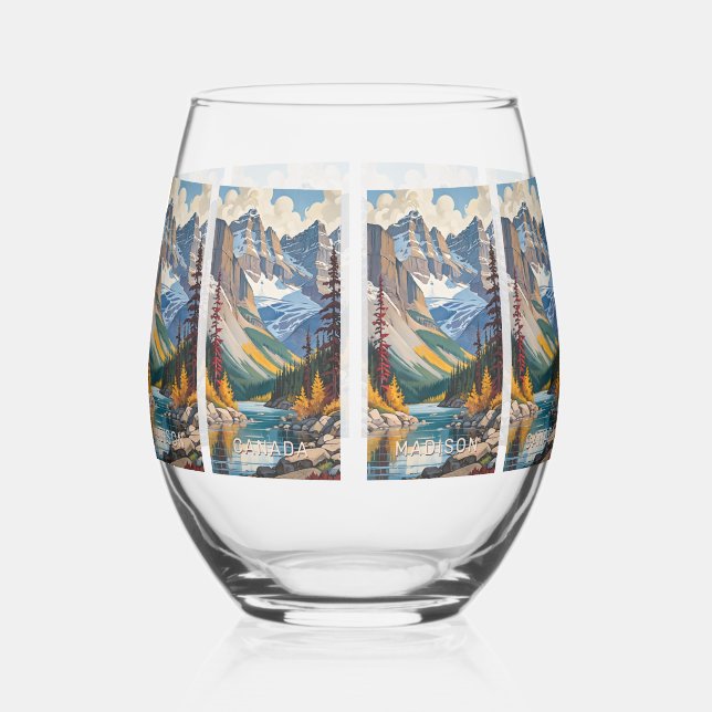 Custom Name & Text Canada Travel Poster Stemless Wine Glass (Right)