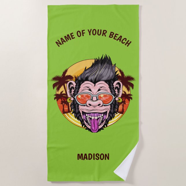 Custom name, text & color Beach Monkey Beach Towel (Front)