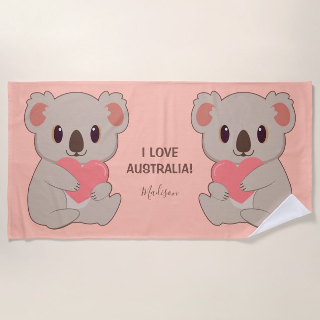 Custom Name, Text & Color Love Koala Beach Towel (Front)