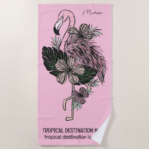 Custom Name, Text & Color Pink Flamingo Beach Towel