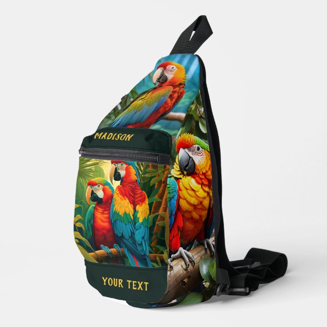 Custom Name & Text Colorful Parrots Sling Bag (Right Corner)
