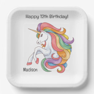 Custom Name & Text Colorful Unicorn Paper Plates