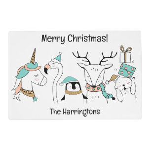 Custom Name & Text Cute Christmas Animals Placemat