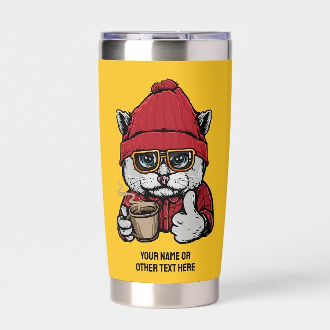 Custom Name / Text Cute Coffee Cat Insulated Tumbler (Front)
