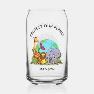 Custom Name & Text Earth with Animals Can Glass