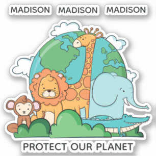 Custom Name & Text Earth with Animals Sticker