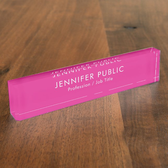 Custom Name Text Elegant Modern Hot Pink Template Desk Name Plate (Side)
