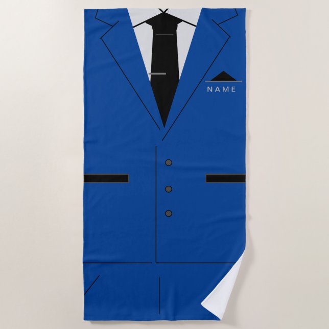 Custom Name Text Funny Beach Towel with Blue Suit (Front)