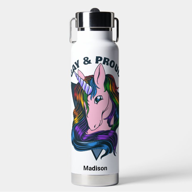 Custom Name & Text Gay Unicorn Water Bottle (Front)
